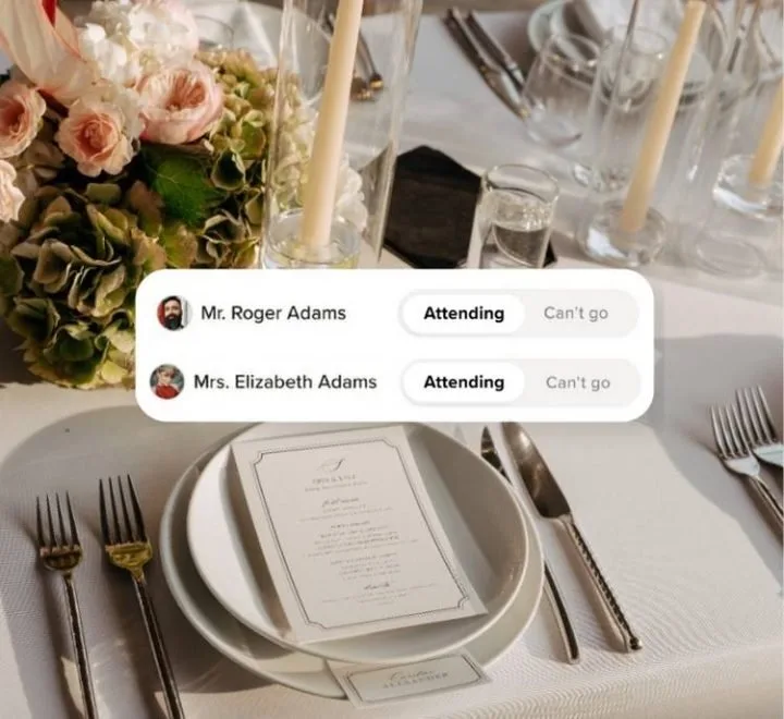 RSVP chips from Loverly's guest list over a laid wedding table