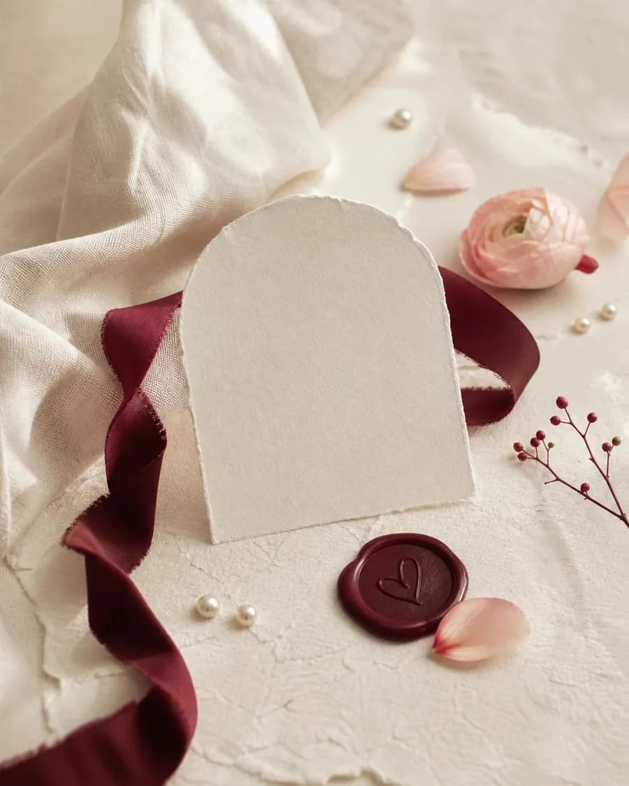 Arched invitation card with a burgundy wax seal and ribbon